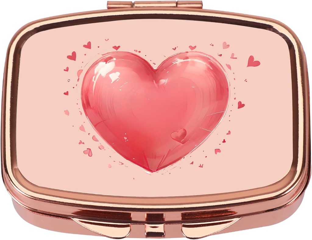 Caja de pill de Dynippy Caja de pill con espejo Retro Pocket 2 Compartment Medicine Case Vitamin Pill Organizer for Pocket Purse and Travel (Rose Gold- Red Heart Pattern)