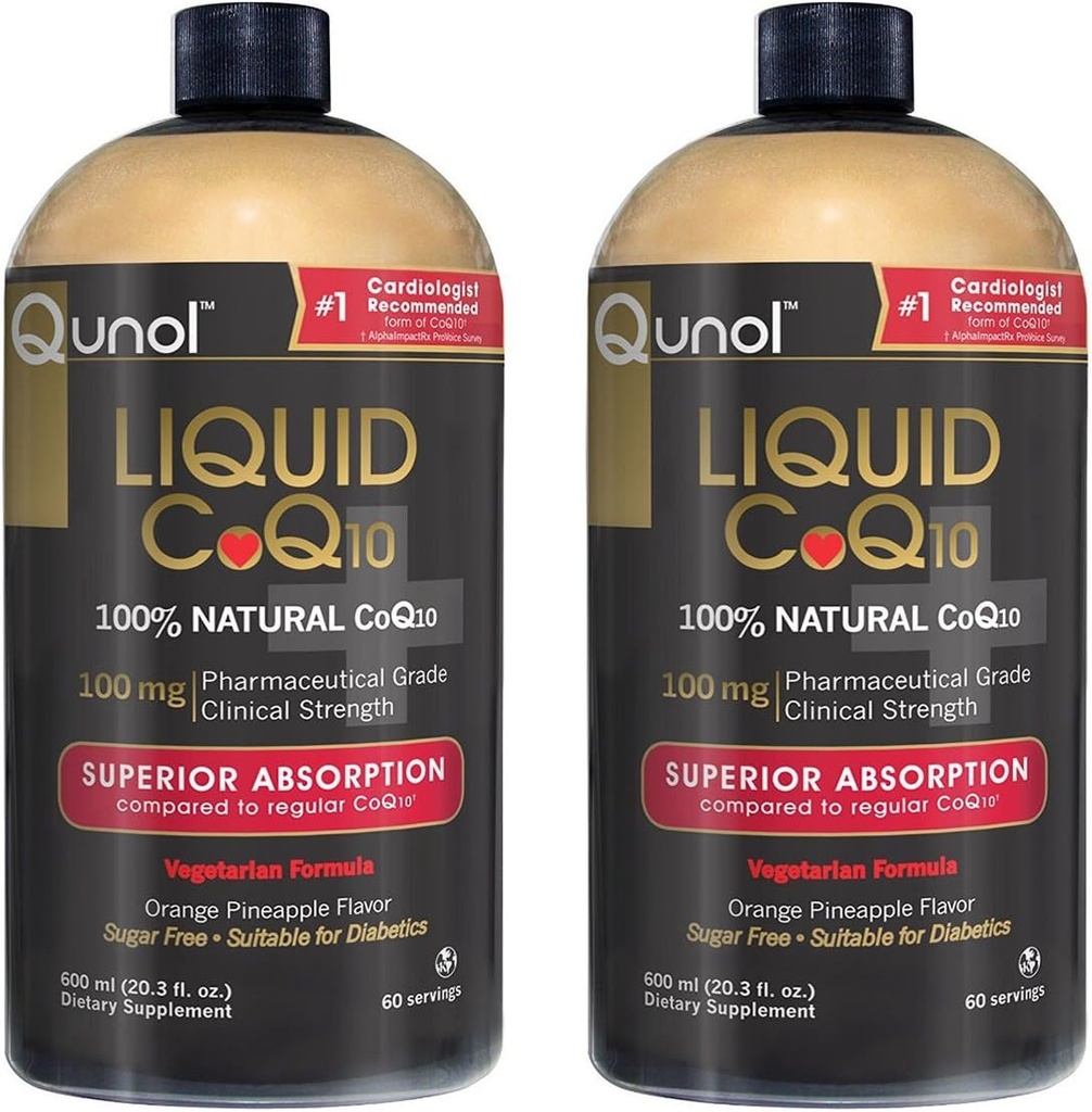 Qunol Liquid CoQ10 100mg, Absorción Superior Suplemento Natural Forma de Coenzima Q10, Antioxidante para la salud del corazón, Piña naranja Sabored, 60 Servimientos, 20.3 oz Botella, Pack de 2
