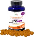 C60 Complete - Carbon 60 (Fullerene) con aceite de semilla negra " Curcumina - Suplemento antioxidante - para la longevidad " Función cognitiva - Todos Natural - 150 Gel cápsulas