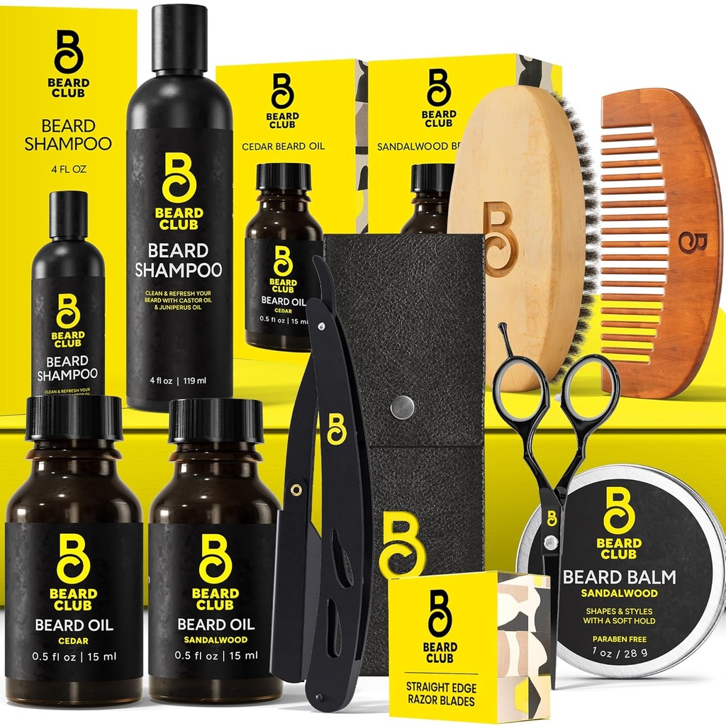 The Beard Club Premium Beard Kit for Men - Grooming & Care Kit - Cedar & Sandalwood Oil, Sandalwood Balm, Shampoo, Brush, Comb, Trimming Scissors, Straight Edge Razor - Gift Set