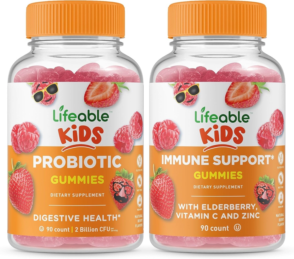 Probiótico Lifeable 2 Billones CFU Niños + Soporte Inmunitario Niños, Gummies Bundle - Gran Tasting, Suplemento de vitamina, Gluten Gratis, GMO Gratis, Chewable Gummy