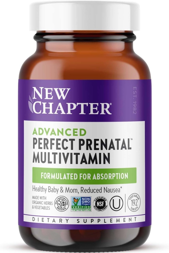 New Chapter Perfect Prenatal Vitamins, Organic Prenatal Vitamins, Non-GMO Ingredients for Healthy Baby &amp; Mom - Folate (Methylfolate), Iron, Vitamina D3, Fermented with Whole Foods and Probiotic, 192 count