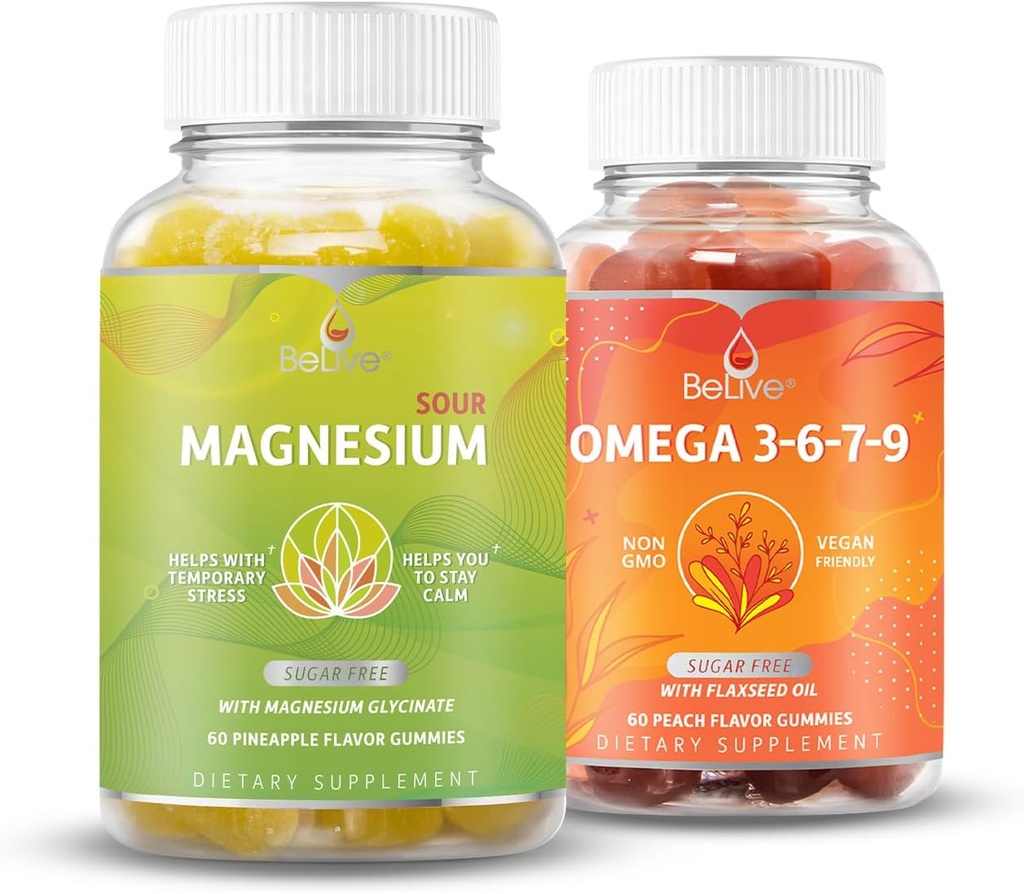 BeLive Magnesium GLycinate &amp; Omega 3-6-7-9 Bundle for Relaxation, Sleep, Brain, Heart &amp; Inmune System Support