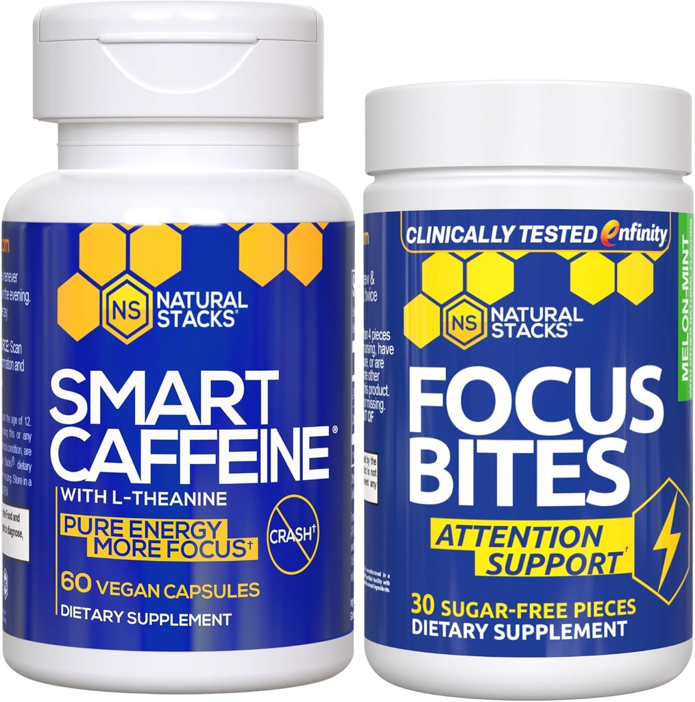 NATURAL STACKS Smart Caffeine + Focus Bites Bundle - Caffeine &amp; Paraxanthine Supplements - Supports Energy & Focus* - Sin Jitters o Crash - 90 piezas