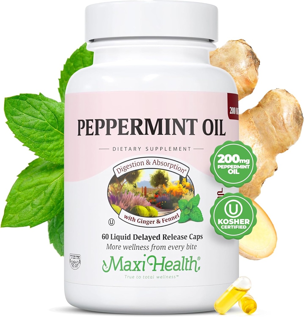 Maxi Health Peppermint Oil Capsules – Organic Ginger Oil & Fennel Delayed Release Capsule – Ingestible Dietary Kosher Peppermint Suplemento para el soporte digestivo (60 cápsulas)