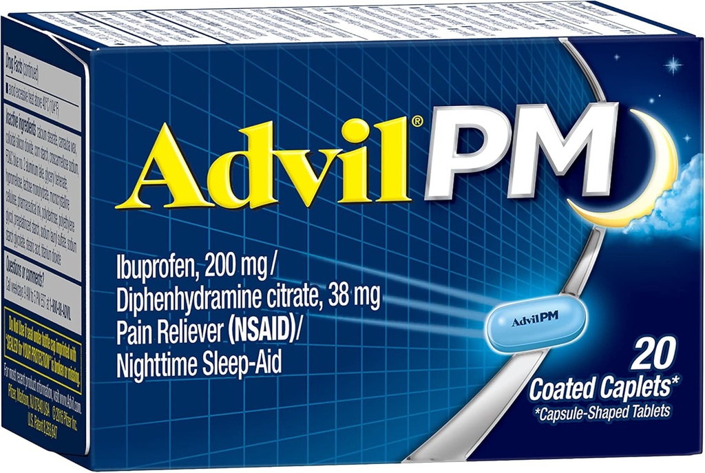Advil PM (20 conde) Dolor Reliever/Nighttime Sleep Aid Coated Caplet, 200mg Ibuprofen, 38mg Diphenhydramine