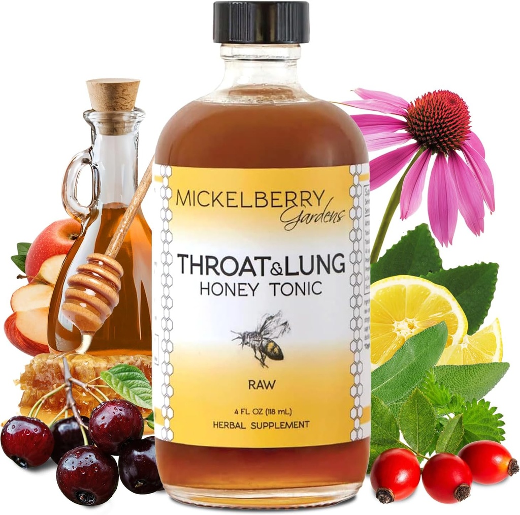 Mickelberry Gardens Throat & Lung Honey Tonic: Wellness Syrup, Natural Sore Throat Relief, Immune Support &amp; Cough Suppressant for Adults &amp; Kids (4 oz)