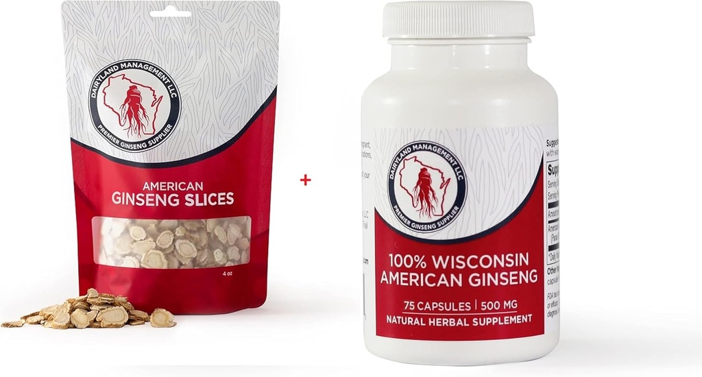Dairyland American Ginseng Slices 4 oz y Capsules 75 ct Pack of Wisconsin Ginseng – Direct from Farmer to Consumer δ洋
