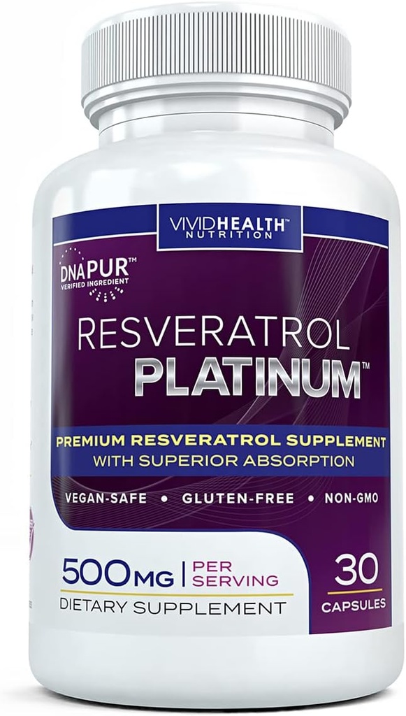 Resveratrol Platinum Antioxidants Suplemento: Powerful Anti Aging Formula with Pure, Natural Trans Resveratrol for Immune Support, Vitality and Brain Health, 30 Gluten Free Veggie Capsules