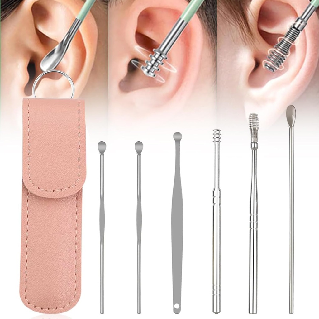 Limpiador de oídos, 2024 Nuevo Satinless Steel 360° de Earwax Cleaner Tool Set with PU Leather Case, Ear Cleaning Kit, Household Creative Portable Ear Cleaning Kit para Hombres y Mujeres (E Type*1)