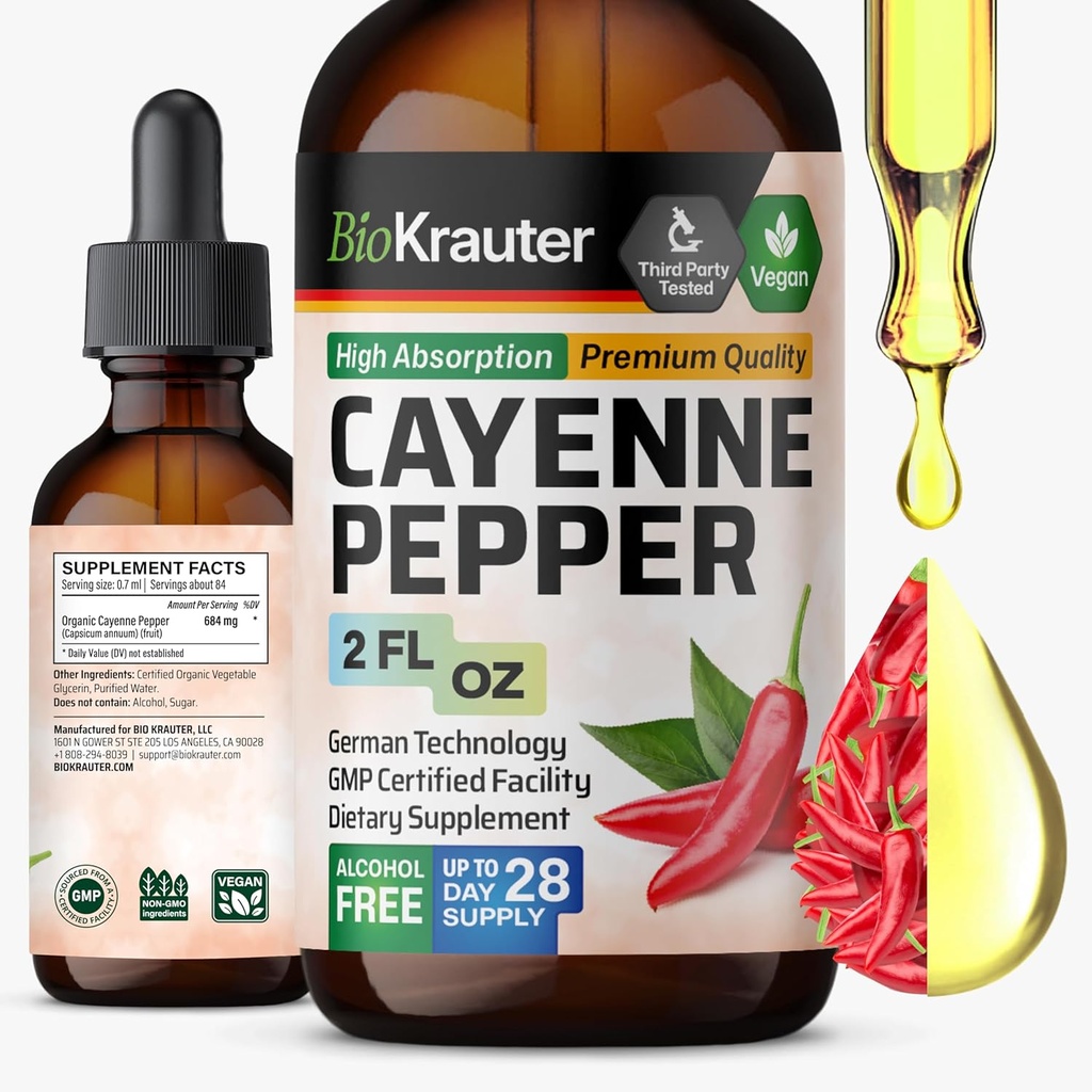 BIO KRAUTER® Cayenne Pepper Drops 684 mg - Pure Vegan Cayenne Pepper Suplementos 2 Fl.Oz 28 Días de suministro - Capsaicina natural para soporte digestivo - Alcohol &amp; azúcar libre, no GMO