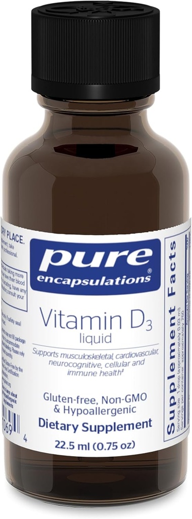 Encapsulaciones puras Vitamina D3 Liquid tención Suplemento para apoyar el hueso, el pecho, la cardiovascular, el colon y la salud inmunitaria* TEN 0.75 fl. oz.