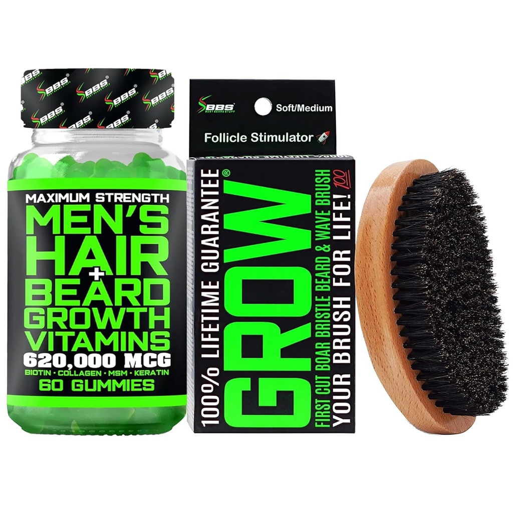 Kit de crecimiento de la barba w / 620,000mcg 14-in-1 BIOTIN Gummies/ Crecimiento de la barba Vitaminas " Crecimiento del cabello vitaminas para hombres + 100% Reemplazo de la vida Primer cepillo de la brisa de corte " 360 varilla para hombres
