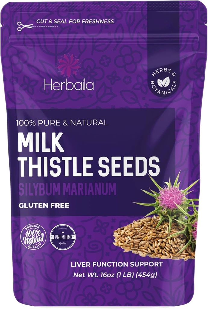 Herbaila Milk Thistle Seeds, 1 lb. Silymarin Milk Thistle Tea, Bulk Milk Thistle Herb Whole Seeds, Pure Milk Thistle Bulk, Whole Milk Thistle Seeds, All Natural, Gluten Free, Non-GMO. 1 Libra.