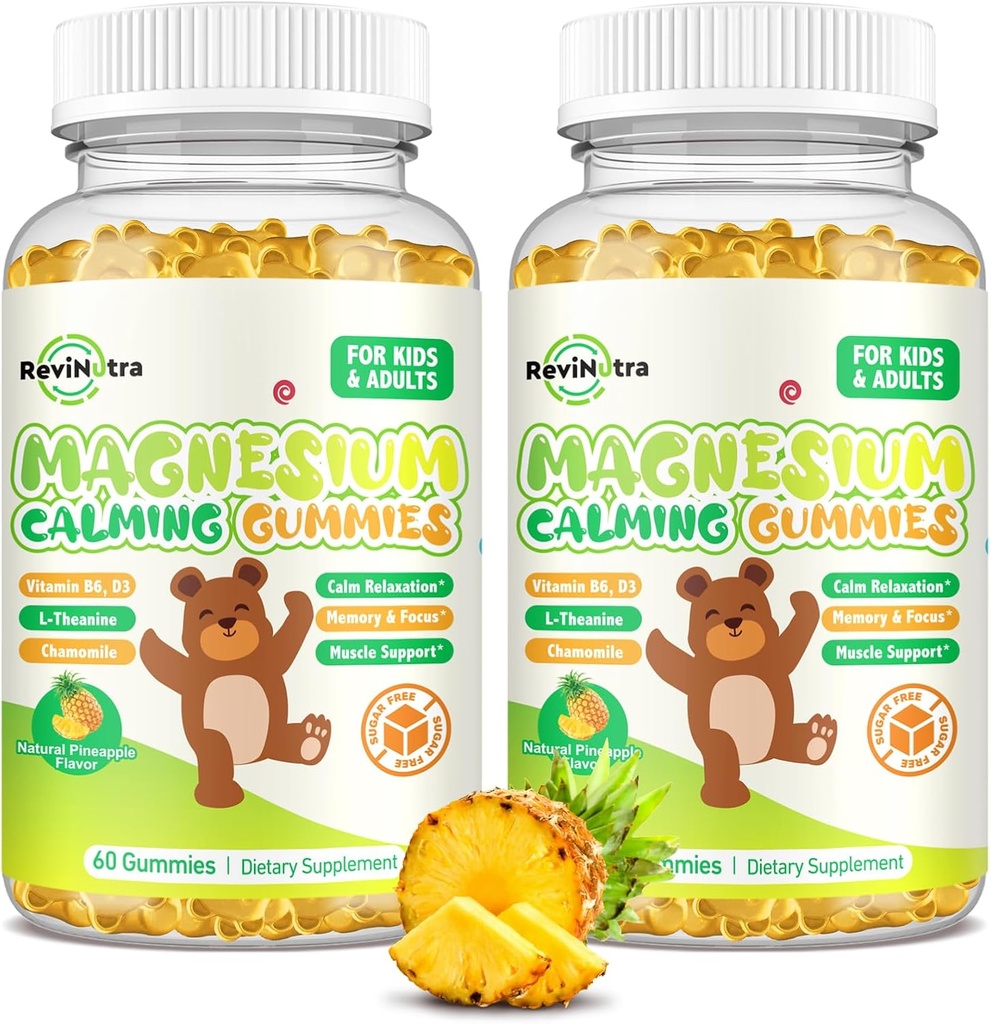Magnesio Gummies para niños - Magnesio Glycinate Gummies Suplemento con L-Theanine, Vitamina B6, D3 para adultos &amp; niños, calma Magnesio para dormir, relajación, cerebro, huesos, azúcar Pineapple 120ct