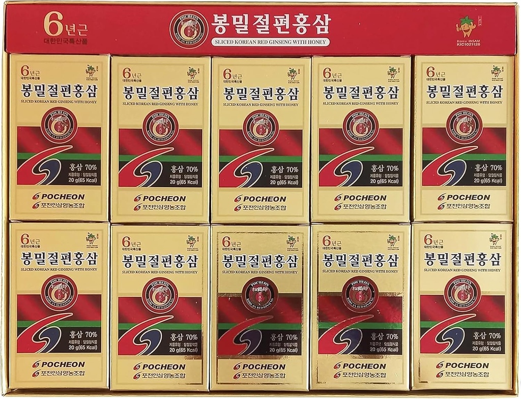 Pocheon 200g(10ea X 20g) 6AÑOS Sliced Korean Panax Red Ginseng Roots with Honey, Saponin, Natural Immune Support