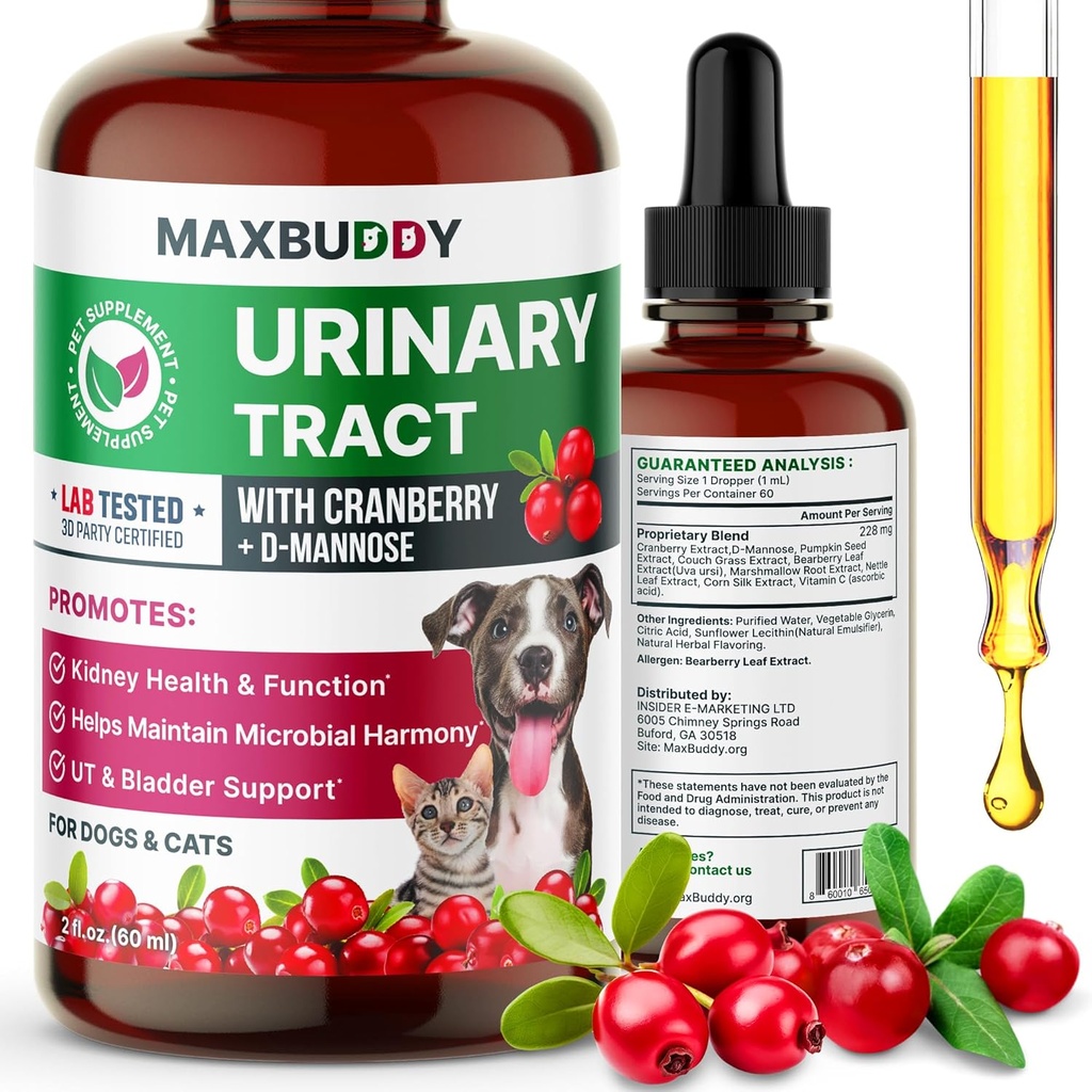 MaxBuddy Natural UTI Treatment Support - Cranberry Urinary Tract Infection Care " Prevention Assistance for Cats and Dogs – Kidney &amp; Bladder Wellness Supplement Drops - Support for Urine Flow