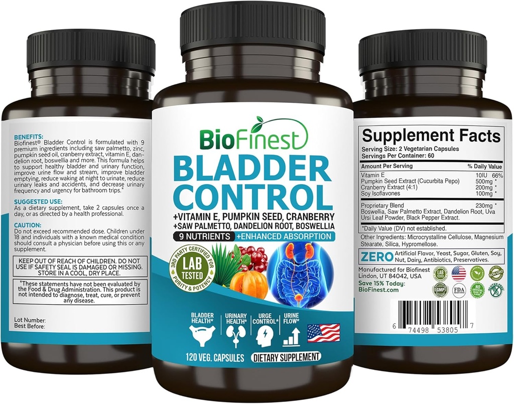 BioFinest Bladder Control Supplement for Men &amp; Women - 120 Veg. Capsules - Saw Palmetto, Cranberry, Pumpkin Seed, Vitamina E, Boswellia, Dandelion Root - Urinary Tract Bladder Health - Made in USA