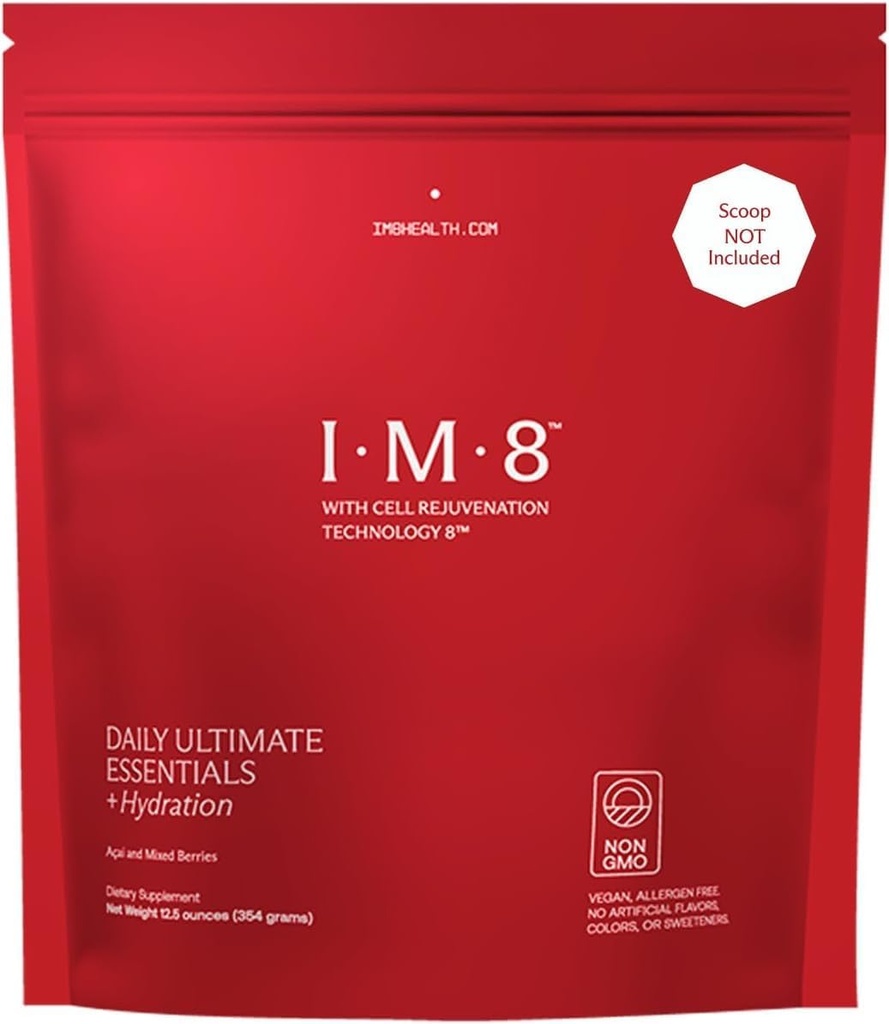 IM8 Daily Ultimate Essentials All-in-1 Multivitamin Suplemento, 92 Nutrient Rich Ingredients CoQ10, Probióticos, Vitaminas, Verdes, GF, Acai Mixed Berry (30 Servings, Refill Pouch)