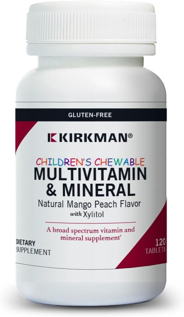 Kirkman - Multivitamínico Chewable para niños &amp; Mineral - 120 Tabletas - Potent Broad-Spectrum Vitamin/Mineral Suplemento - con Xylitol - Natural Mango Peach Flavor