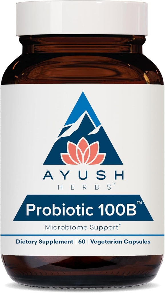 Ayush Herbs Probiótico 100B - Probióticos para Mujeres, Probióticos para Hombres, Prebióticos y Probióticos para Salud Digestiva, Gas Relief, Gut Microbiome Balance - 60 cápsulas vegetarianas (1 Conde)