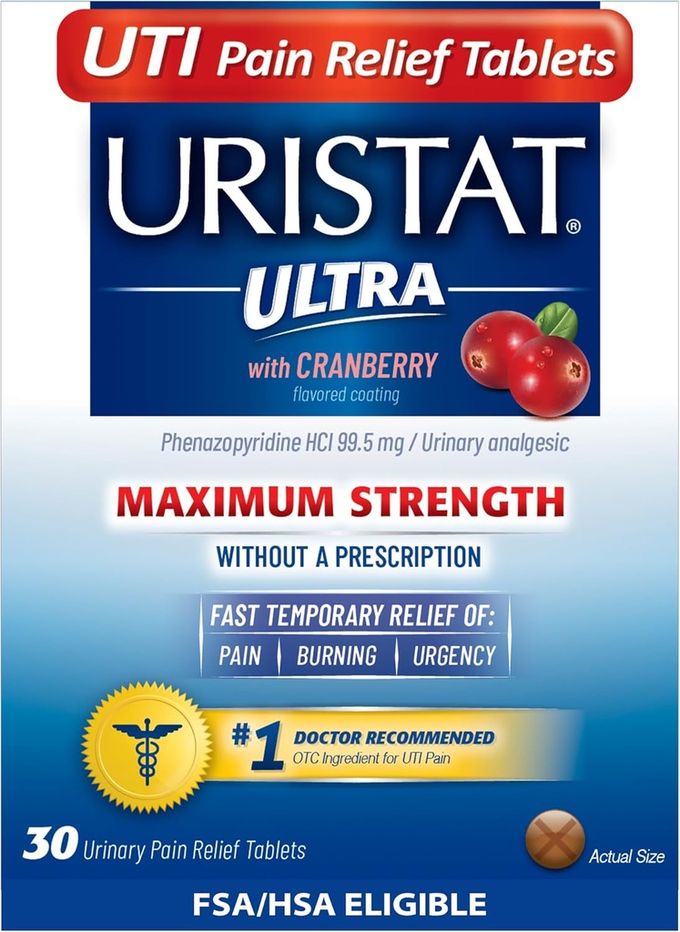 Uristat Ultra UTI Pain Relief Tablets, Fast Urinary Tract Infection Relief of Urinary Pain, Burning, Urgency, Maximum Strength, Cranberry Flavored Coating, 30 Tablets