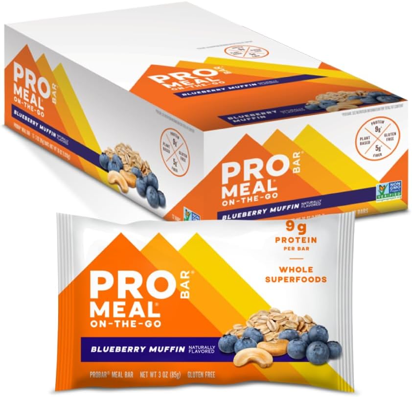 PROBAR - MEAL Bar, Blueberry Muffin, Non-GMO, Gluten-Free, Healthy, Plant-Based, Whole-Food Ingredients, Natural Energy (12 Conteo)