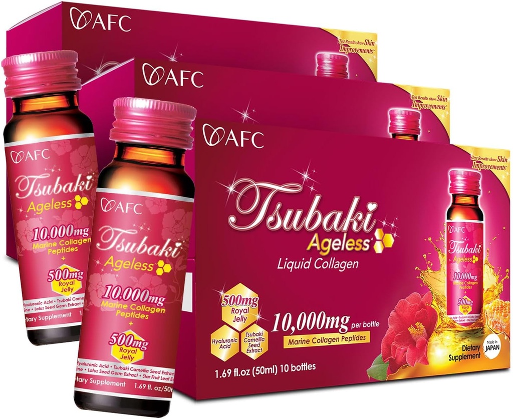 AFC Japón Tsubaki Bebida de belleza sin edad de Japón con 10.000 mg de péptidos de colágeno marino + 500 mg de jalea real + ácido hialurónico + vitamina B &amp; C para la revitalización de la piel 1.69fl.ozx10sx3