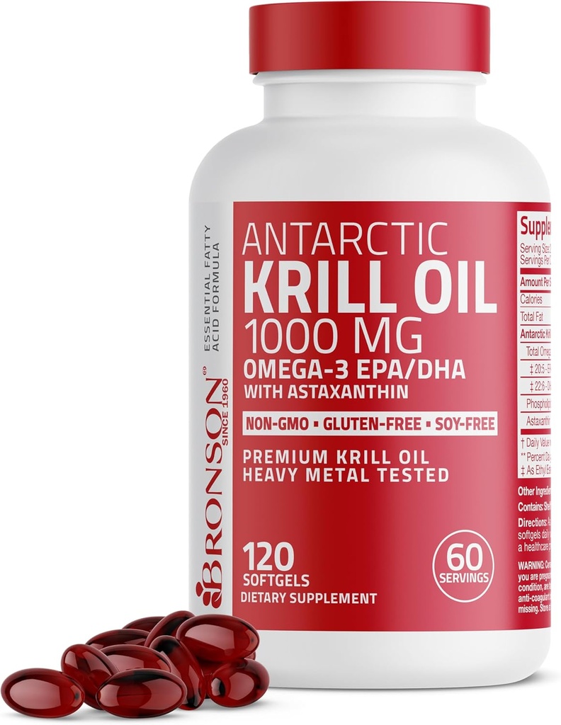 Bronson Antártico Krill Oil 1000 mg con Omega-3 EPA, DHA, Astaxanthin y fosfolípidos 120 Softgels