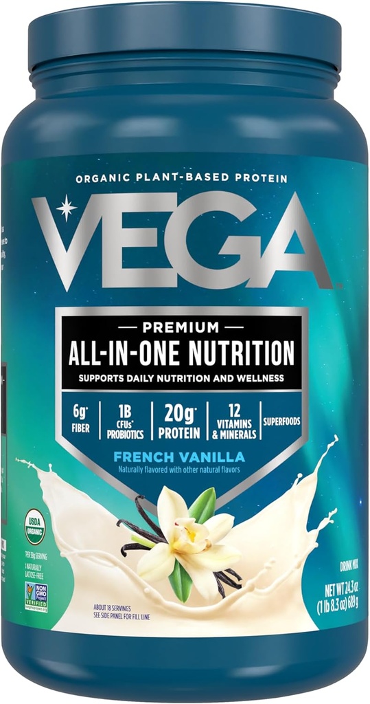 Vega Orgánica Todo-en-Uno Polvo Vegano, Vainilla Francesa -Ingredientes Superalimentarios, Vitaminas para Apoyo Inmunitario, Keto Friendly, Pea Protein for Women &amp; Men, 1.5 libras (Pack of 1)