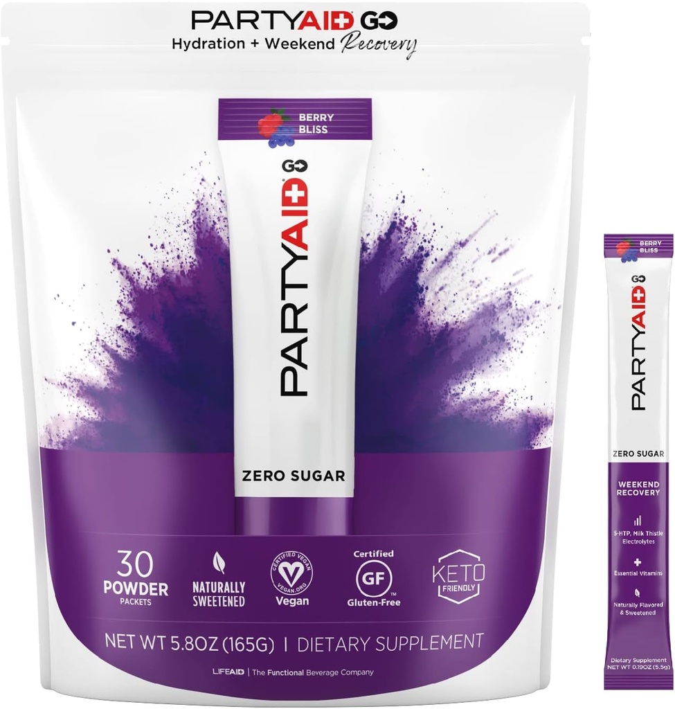 PARTYAID GO Feel Good Tonight and Tomorrow, Zero Sugar, 5-HTP, B-Complex, Milk Thistle, Electrolytes, No Artificial Flavors or Sweeteners, Caffeine-Free, 30 Count (Pack of 1)