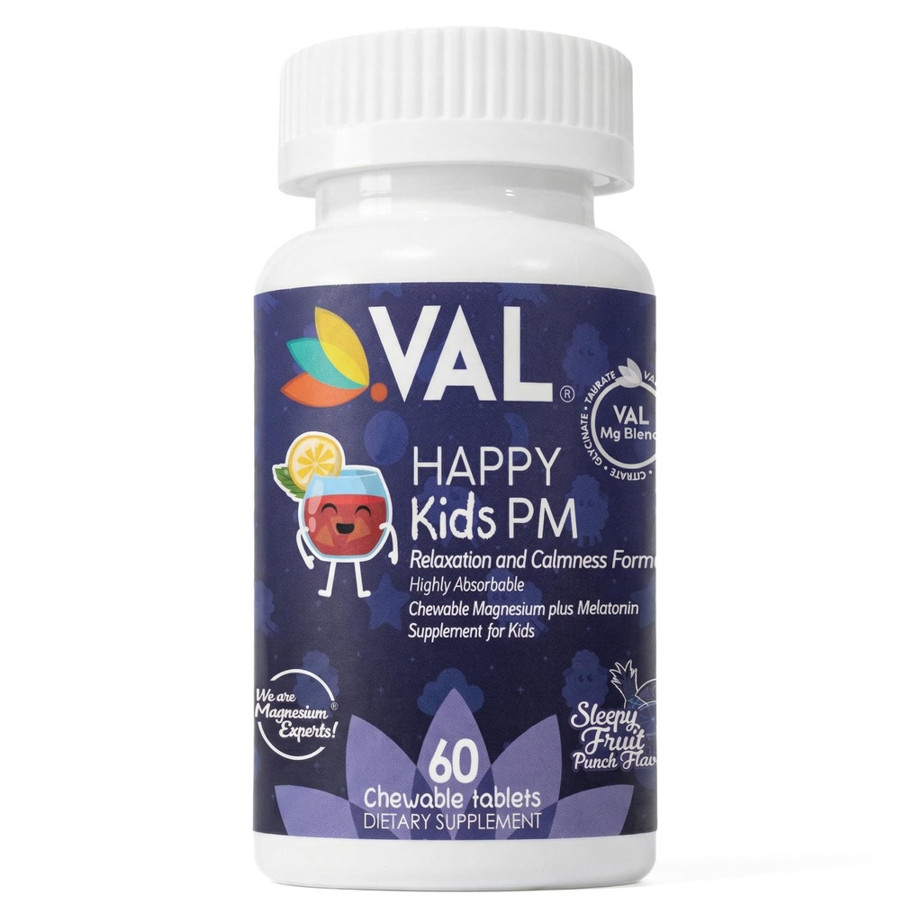 VAL Happy Kids PM – Magnesio Chewable sin azúcar con Melatonina tóxico Apoyo al sueño para los niños Ø Magnesium Glycinate + Citrate + Taurate ANTE B6, C TEN Fruit Punch TEN 60 Tablets ANTE NO GMO