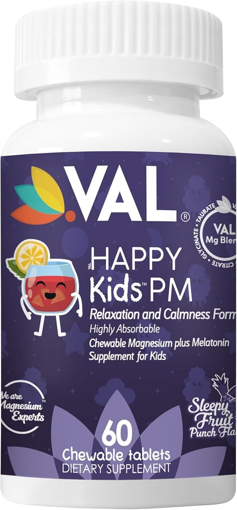 VAL Happy Kids PM – Magnesio Chewable sin azúcar con Melatonina tóxico Apoyo al sueño para los niños Ø Magnesium Glycinate + Citrate + Taurate ANTE B6, C TEN Fruit Punch TEN 60 Tablets ANTE NO GMO