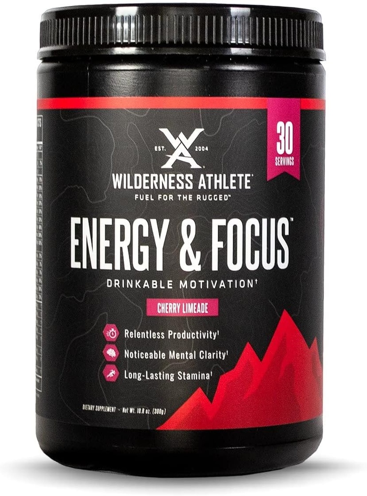 Wilderness Athlete - Energía > Enfórmese en Energía Pre Workout para Mujeres & Hombres - Energy Powder Drink Mix with Natural Caffeine - Low-Carb, Zero Sugar Workout Powder - 30 Serving Tub (Cherry Limeade)