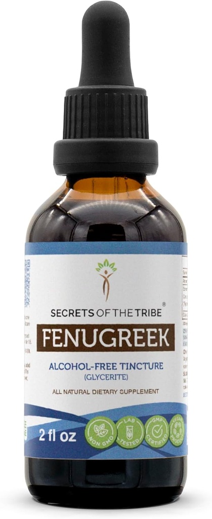 Secretos de la Tribu Fenugreek Tincture Extracto líquido libre de alcohol, Fenugreek (Trigonella foenum-graecum) Fruta seca (2 FL OZ)