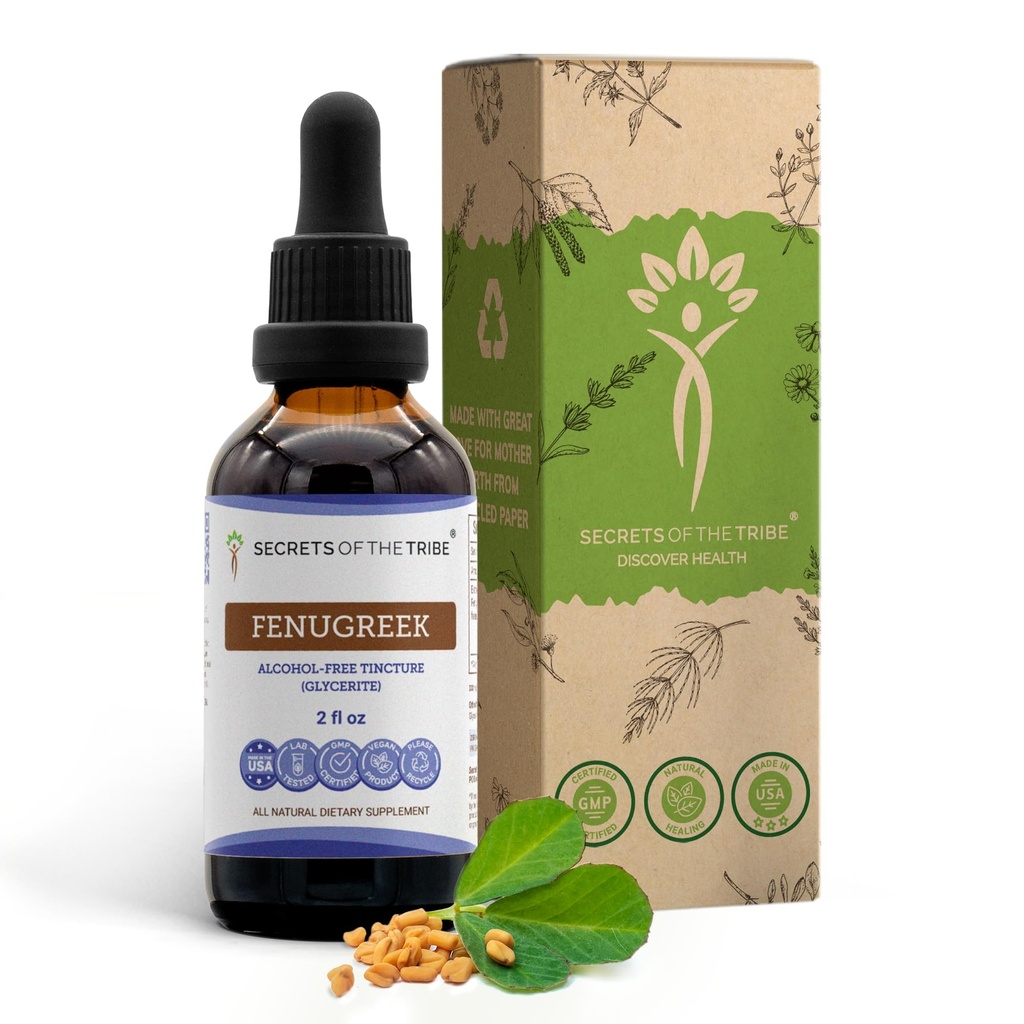 Secretos de la Tribu Fenugreek Tincture Extracto líquido libre de alcohol, Fenugreek (Trigonella foenum-graecum) Fruta seca (2 FL OZ)