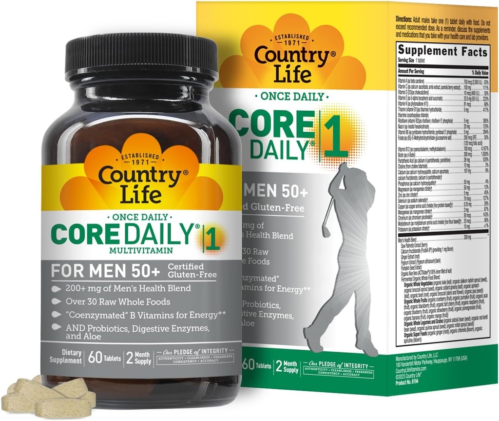 Country Life CORE Daily-1 Multivitamínico para Hombres 50+ - Gluten-Free, Energy Support with Coenzymated B Vitaminas, Probiotics, Whole Food and Digestive Enzymes, Certified Gluten Free, 60 Tablets