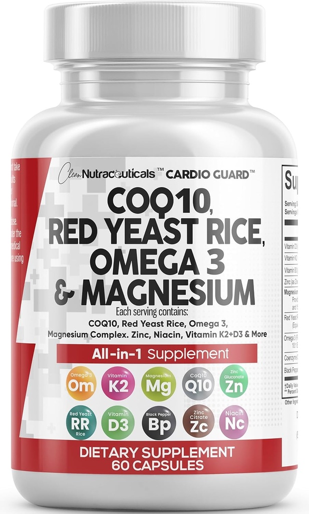 Nutracéuticos limpios COQ10 200mg Rice de levadura roja Omega 3 Complejo de magnesio 500mg Niacina Zinc Vitamina K2 D3 - Apoyo al corazón Vitaminas para hombres y mujeres w/Vitamin B3, Coenzyme Q10-60 Ct