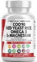 Nutracéuticos limpios COQ10 200mg Rice de levadura roja Omega 3 Complejo de magnesio 500mg Niacina Zinc Vitamina K2 D3 - Apoyo al corazón Vitaminas para hombres y mujeres w/Vitamin B3, Coenzyme Q10-60 Ct