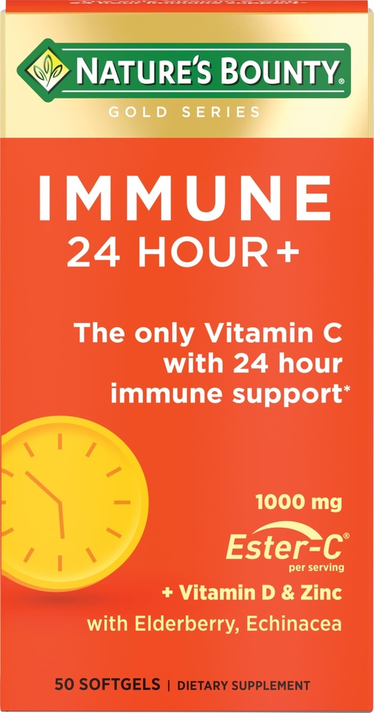 Bounty Immune 24 horas +, La única vitamina C con 24 horas Immune Soporte de Ester-C, 1000 mg Vitamina C, D & Zinc, Gluten Free, Rapid Release Softgels, 2 Softgels por día, 50 Cuenta