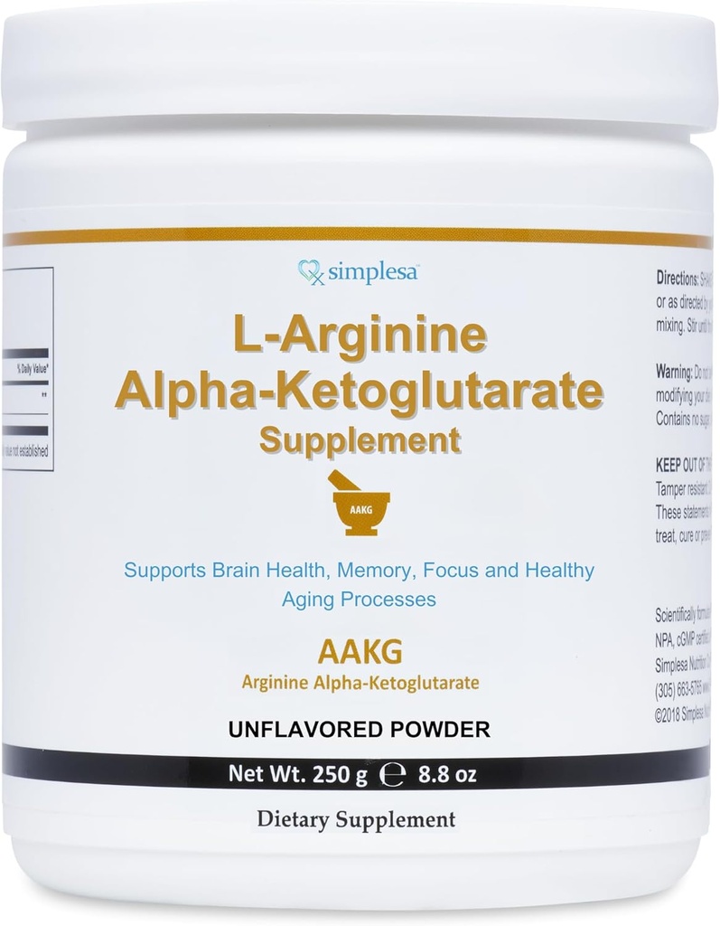 Simplesa AAKG Arginine Powder, L-Arginine Alpha-Ketoglutarate Suplemento, 2000mg Por Serving, soporta los procesos de salud cerebral, memoria, enfoque y envejecimiento saludable, 250g Powder Suplemento