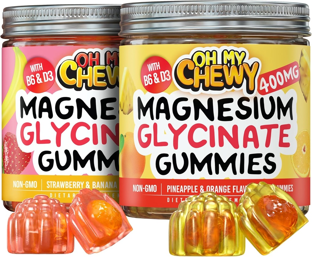 Magnesium Gummies Bundle – 2 Botellas (60 Cada uno) – Strawberry Banana & Pineapple Orange