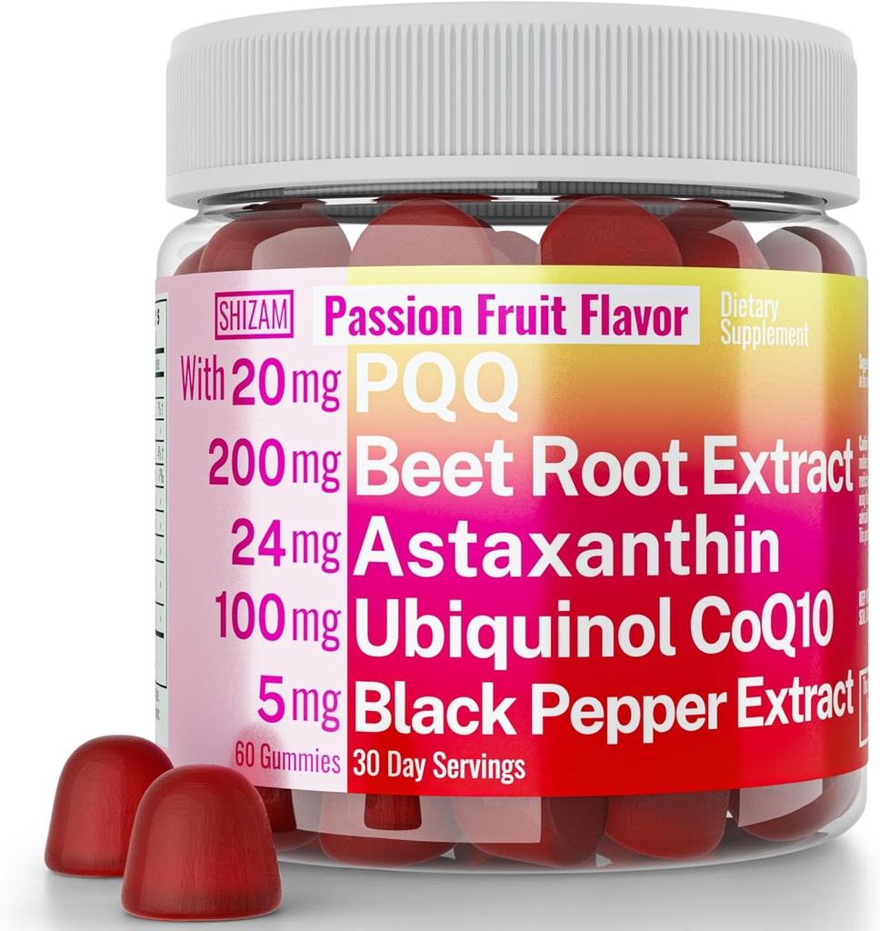 SHIZAM Ubiquinol CoQ10 PQQ Astaxanthin Beets Gummies, Super Mitocondrial ATP Suplementos Soft Chews Píldoras líquidas Powder Alt, Beet-Root