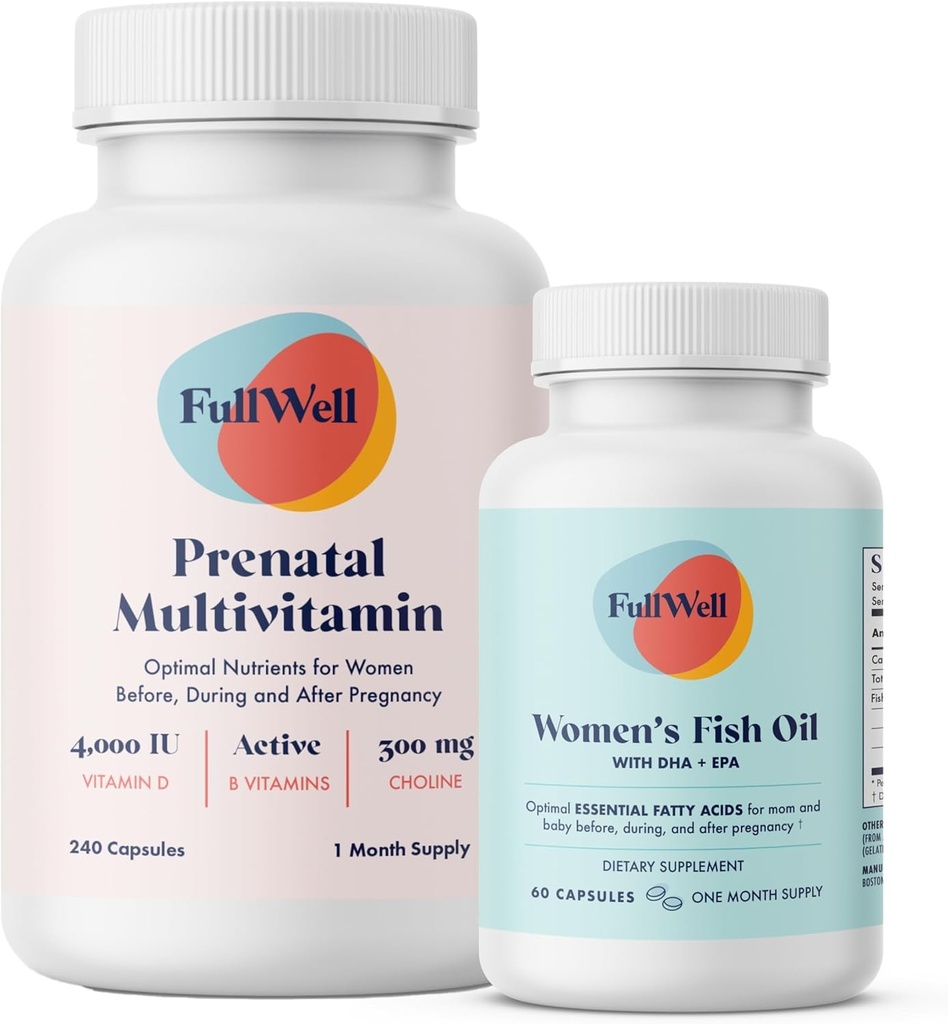 FullWell Prenatal Vitamin + DHA ← Omega 3 Fish Oil with DHA &amp; EPA for Brain Development &amp; Nervous System Support ← 26+ Nutrientes vitales ← Nutrientes con forma dietista, No GMO, 3er partido testado, 30 servidos