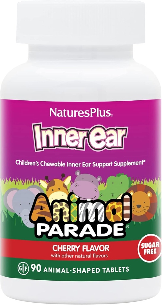 Natures Plus Animal Parade Inner Ear Support Children’s Chewable - Natural Cherry Flavor - 90 Animal-Shaped Tablets - Suplemento Probiótico - Gluten Free - 45 Servings