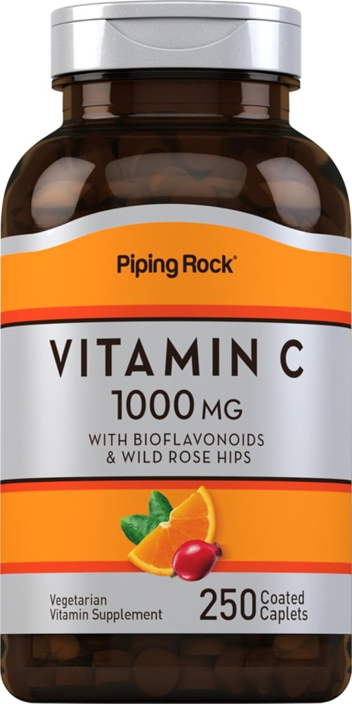 Piping Rock Vitamina C 1000mg tención 250 Caplets Silencio con Bioflavonoids & Rose HIPS Silencio Vegetarian, Non-GMO, Gluten Free Supplement