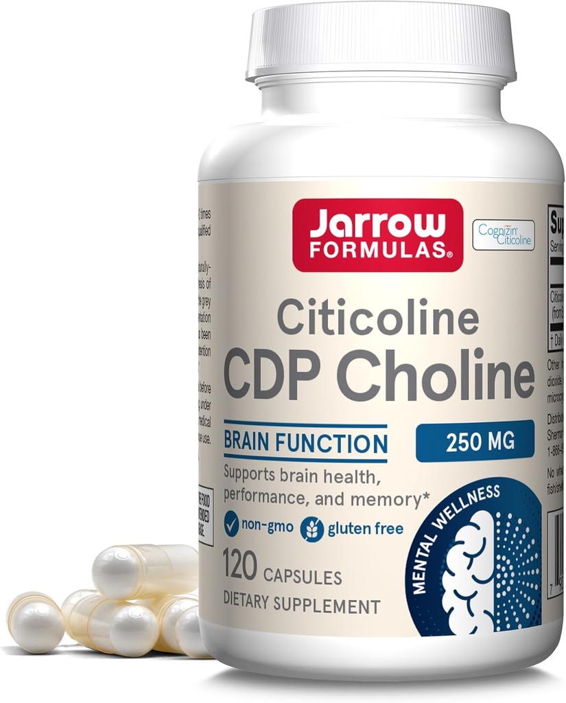 Jarrow Formulas Citicoline CDP Choline 250 MG, CDP Choline Supplement Supports Brain Health, Performance and Memory, 120 Capsules, Hasta 120 Day Supply