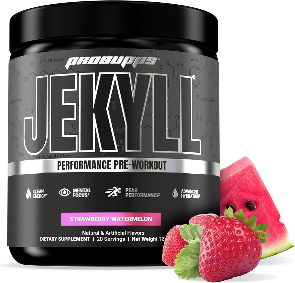 PROSUPPS Dr. Jekyll Performance Pre Workout Powder - Low-Stimulant Preworkout Supports Muscle Gain, Focus & Energy - Suplementos de gimnasia sin cafeína (Strawberry Watermelon, 30 Servings)