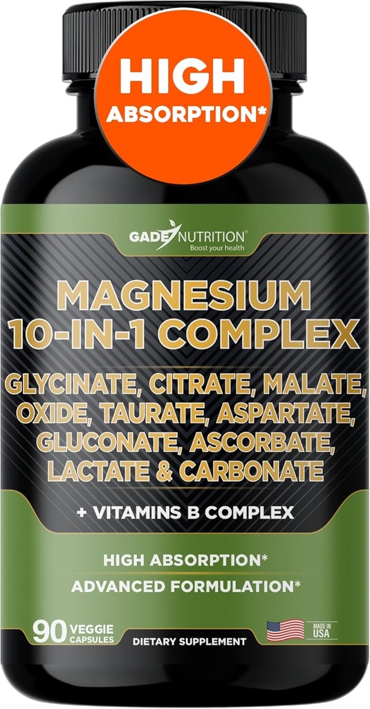 Complejo de magnesio de nutrición Gade 10 en 1 - Glycinate, Citrato, Malate, Oxide, Taurate, Aspartate, Gluconate Ascorbate Lactate Carbonate Zinc Copper Manganese & Vitaminas (90 Cuenta (Pack of 1))