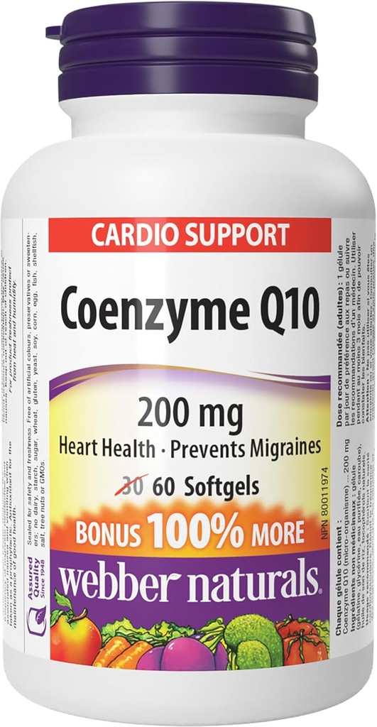 Webber Naturals Coenzyme Q10 (CoQ10) 200 mg, 60 Softgels, Suplemento Antioxidante de alta potencia, para la salud cardíaca y la producción de energía celular, 60 Day Supply, Gluten Free